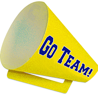 The Customer Service Week Megaphone is shows the logo on one side and the words "Go Team" on the other.