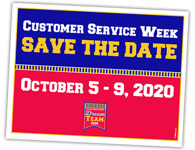 Save the Date Cards are printed in the official Customer Service Week colors or Red, Blue, and Gold.
